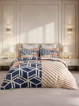Gardenia Augusta 100% Cotton 300 TC King Bedsheet with 2 Pillow Covers | Blue & Red Geometric Print