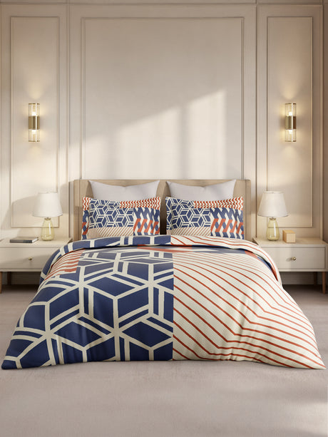 Gardenia Augusta 100% Cotton 300 TC King Bedsheet with 2 Pillow Covers | Blue & Red Geometric Print