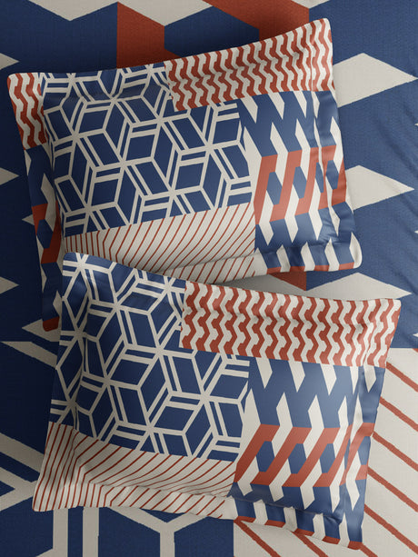 Gardenia Augusta 100% Cotton 300 TC King Bedsheet with 2 Pillow Covers | Blue & Red Geometric Print