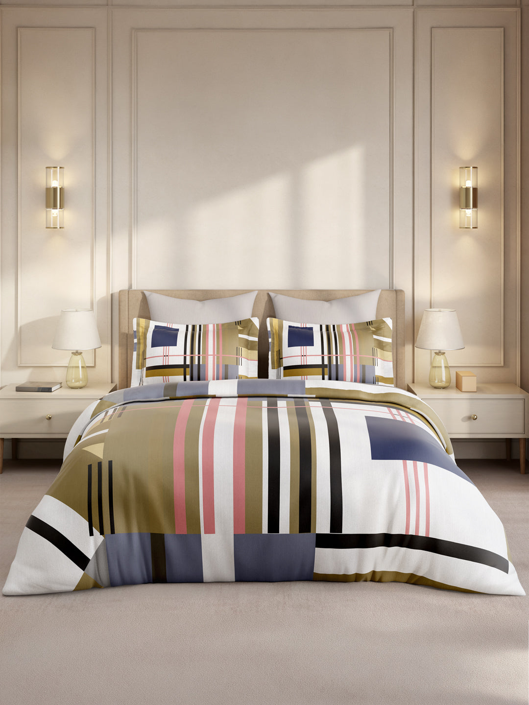 Gardenia Augusta 100% Cotton 300 TC King Bedsheet with 2 Pillow Covers | Multicolor Geometric Print