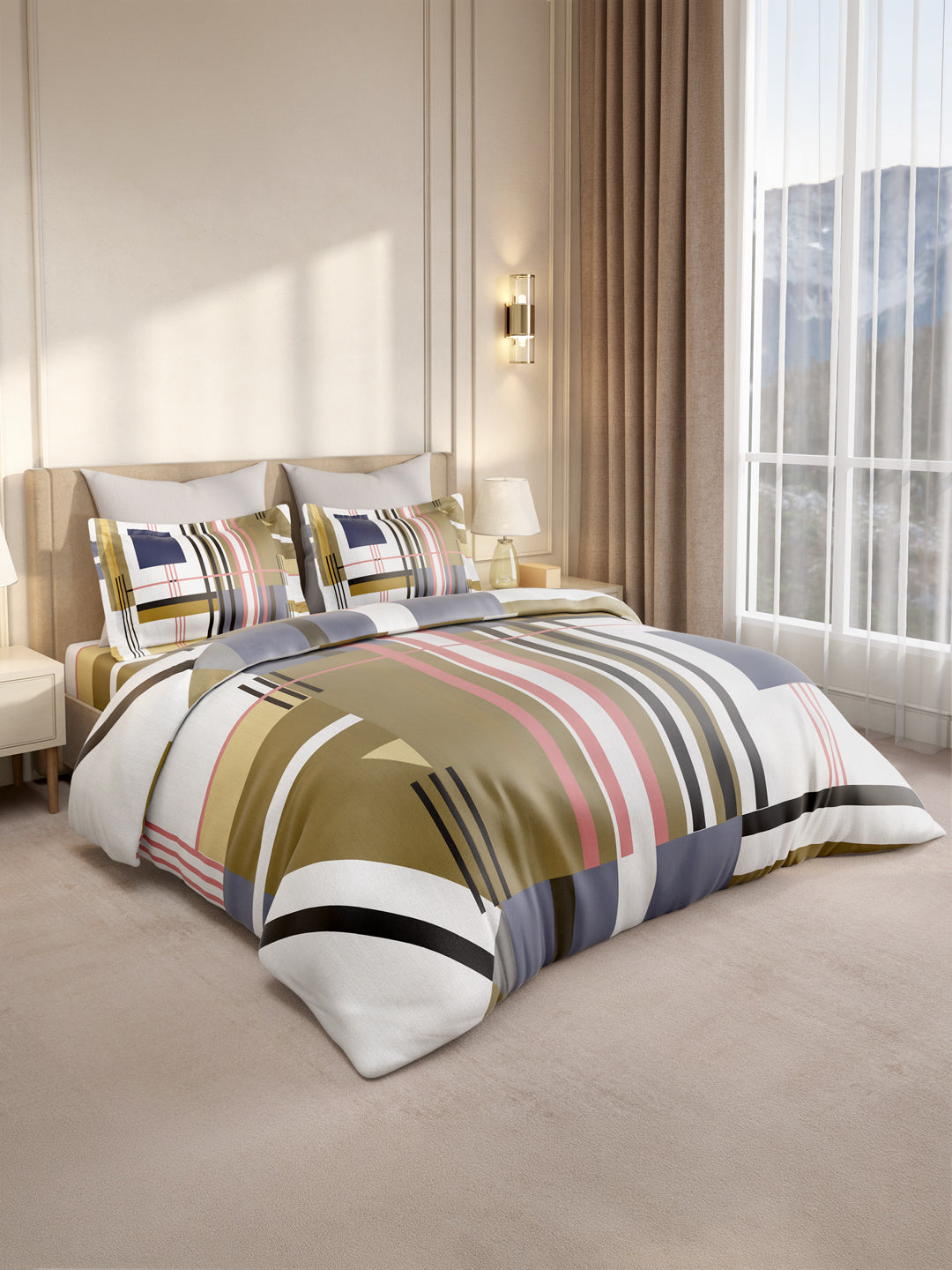 Gardenia Augusta 100% Cotton 300 TC King Bedsheet with 2 Pillow Covers | Multicolor Geometric Print
