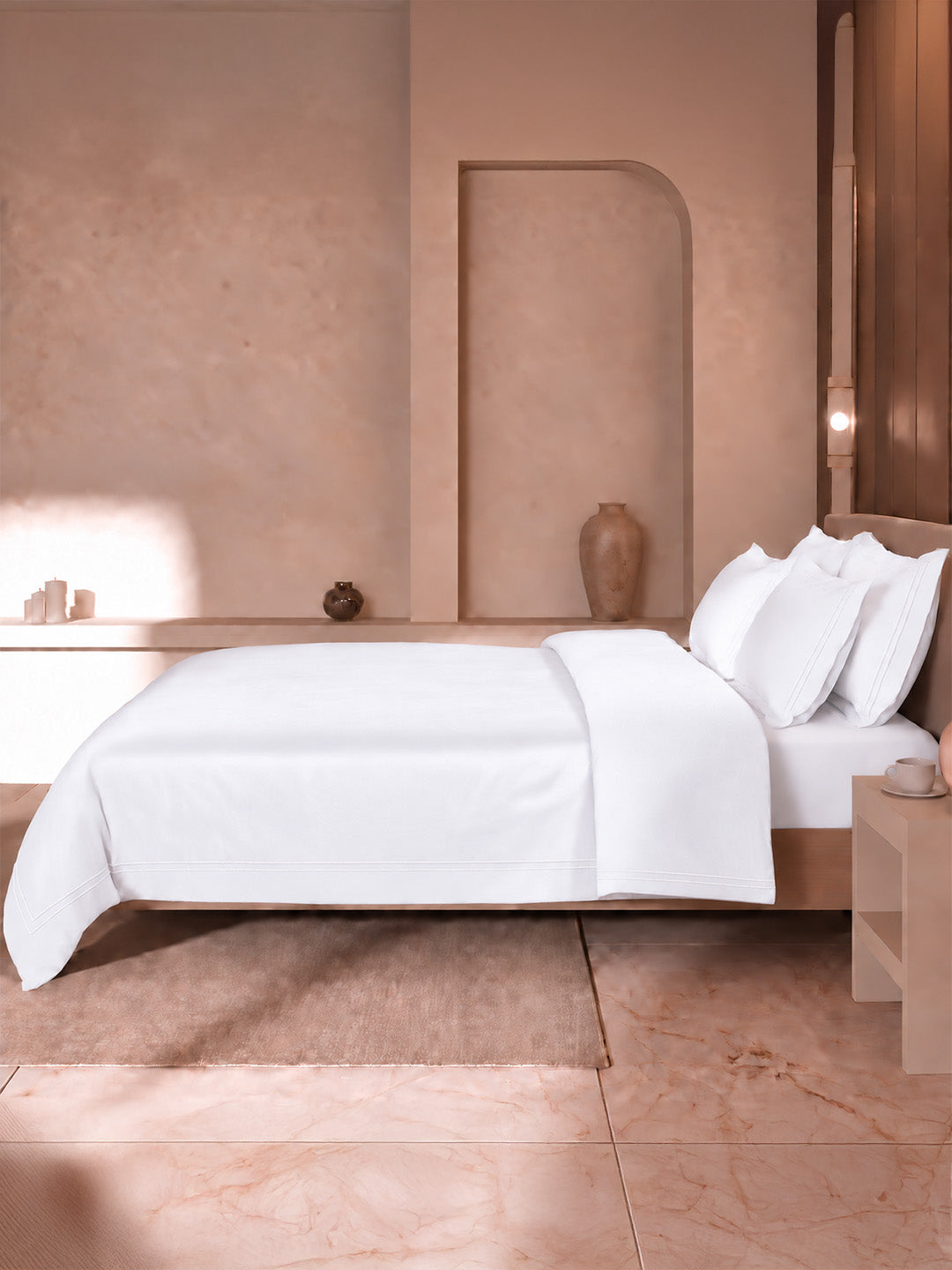 100% Cotton 300 TC, King Size Dyed Bedsheet with 1 Duvet Cover and 4 Pillow Covers, Emblem Collection - Bright White