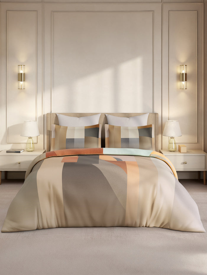 Gardenia Augusta 100% Cotton 300 TC King Bedsheet with 2 Pillow Covers | Grey & Beige Digitally Printed