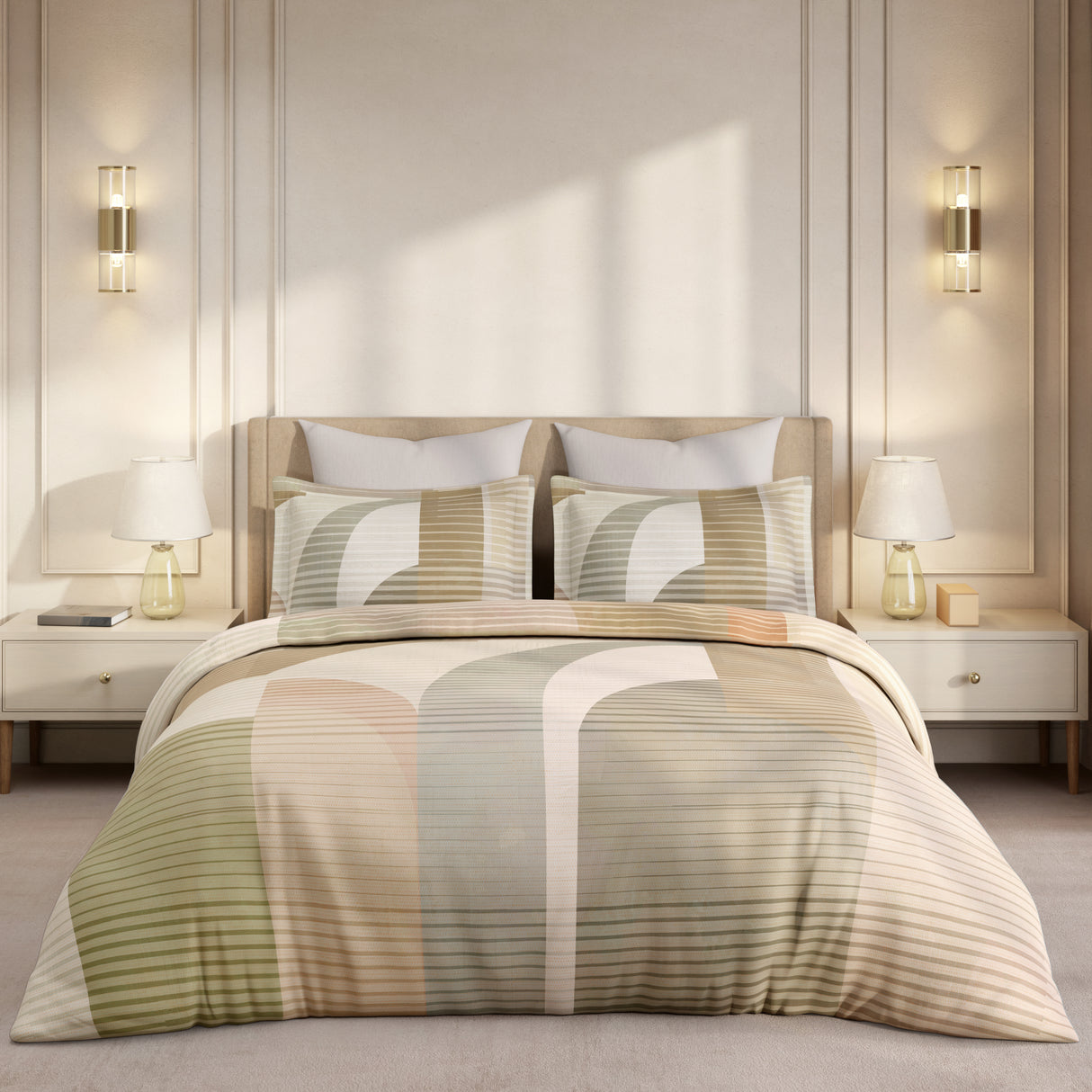 Gardenia Augusta 100% Cotton 300 TC King Bedsheet with 2 Pillow Covers | Beige & Grey Digitally Printed