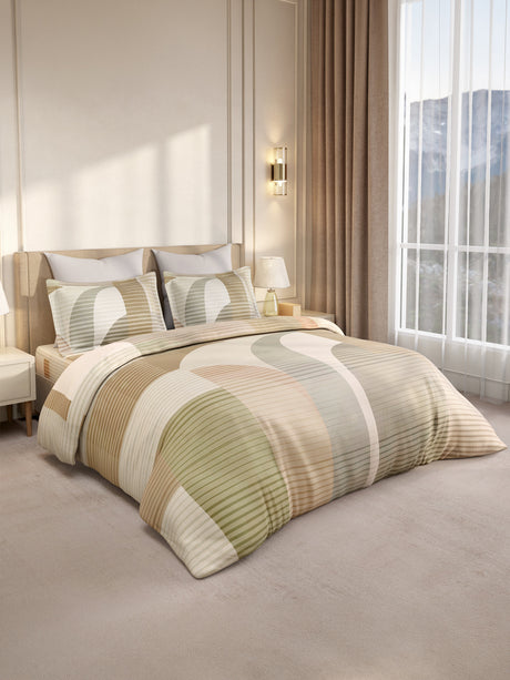 Gardenia Augusta 100% Cotton 300 TC King Bedsheet with 2 Pillow Covers | Beige & Grey Digitally Printed