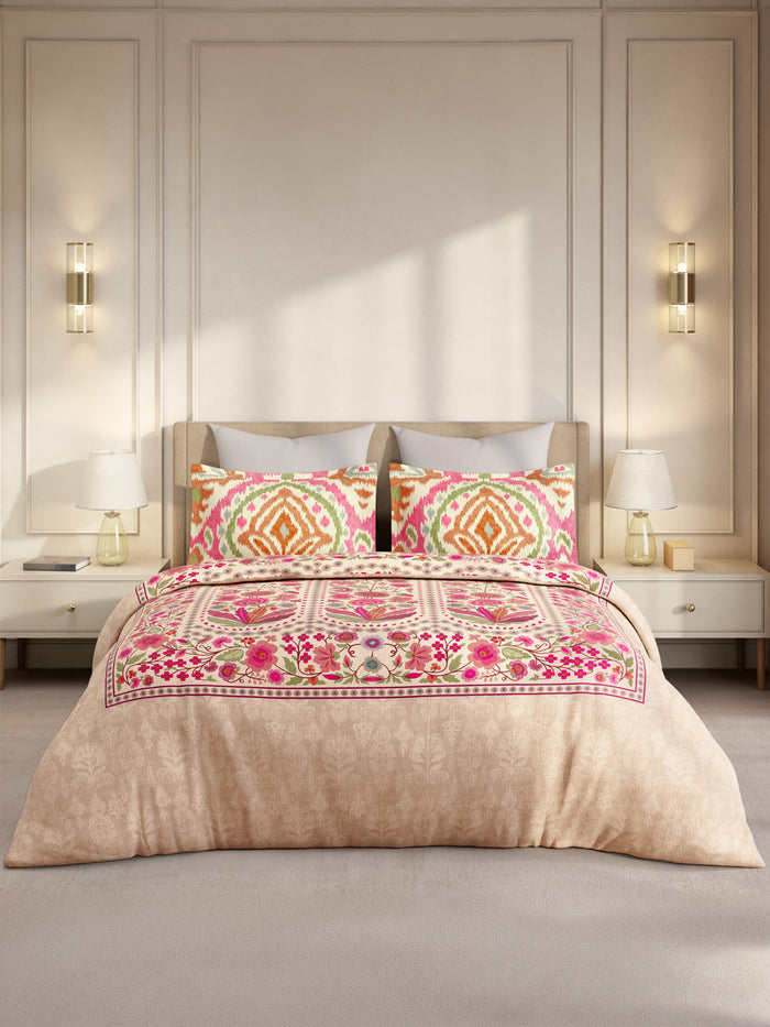 Gardenia Augusta 100% Cotton 300 TC King Bedsheet with 2 Pillow Covers | Pink Digitally Printed