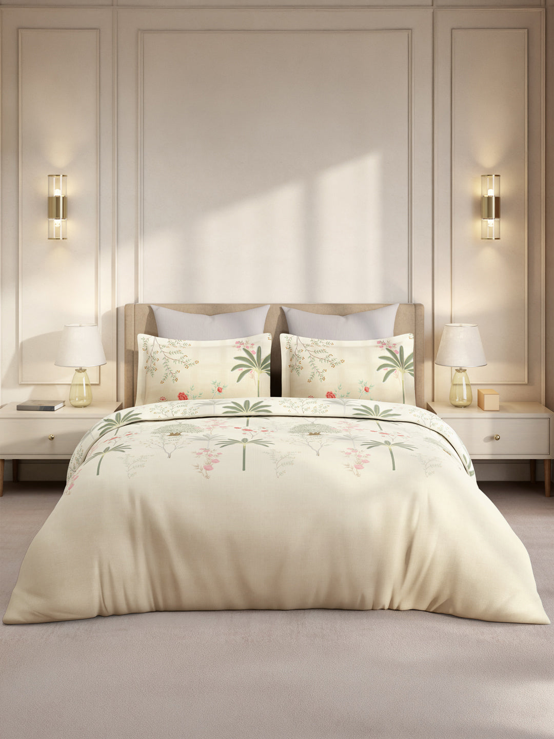 Gardenia Augusta 100% Cotton 300 TC Cream & Green Digital Floral Print King Bedsheet with 2 Pillow Covers