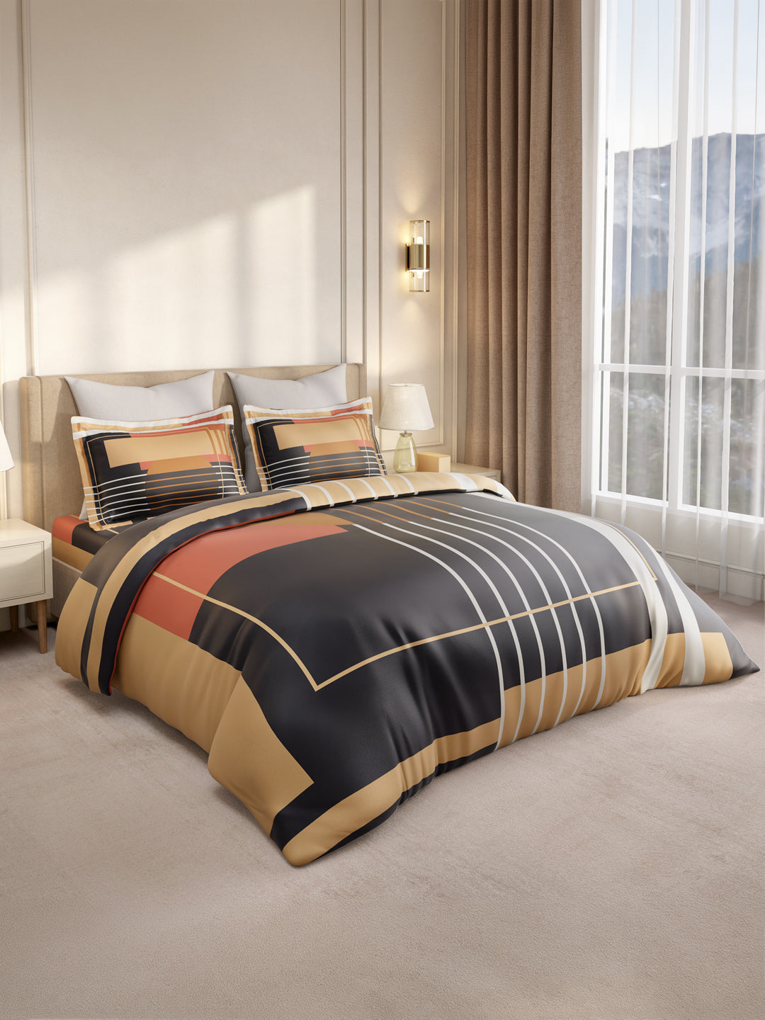 Gardenia Augusta 100% Cotton 300 TC King Bedsheet with 2 Pillow Covers | Blue Geometric Print