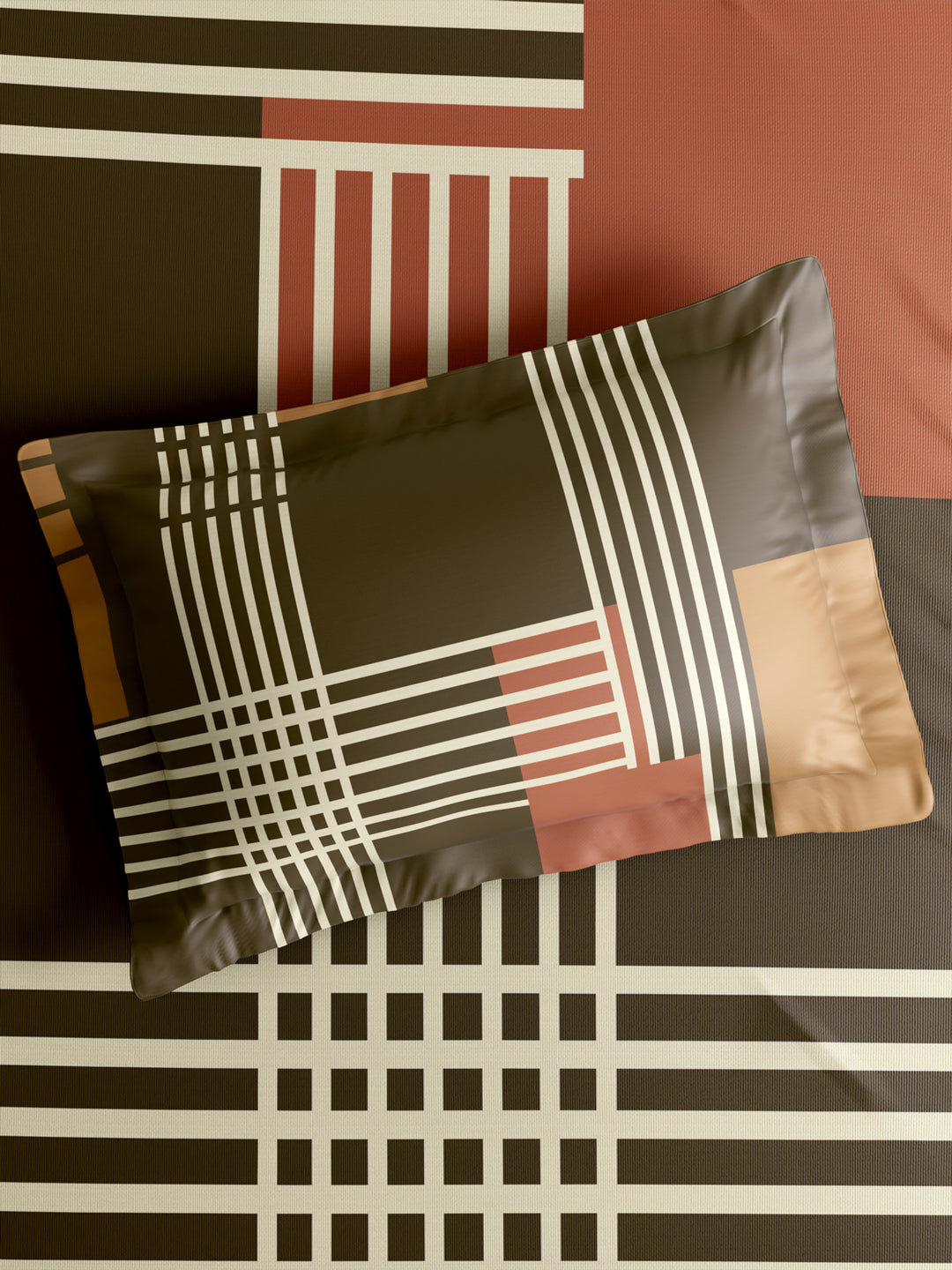Gardenia Augusta 100% Cotton 300 TC King Bedsheet with 2 Pillow Covers | Brown Geometric Print