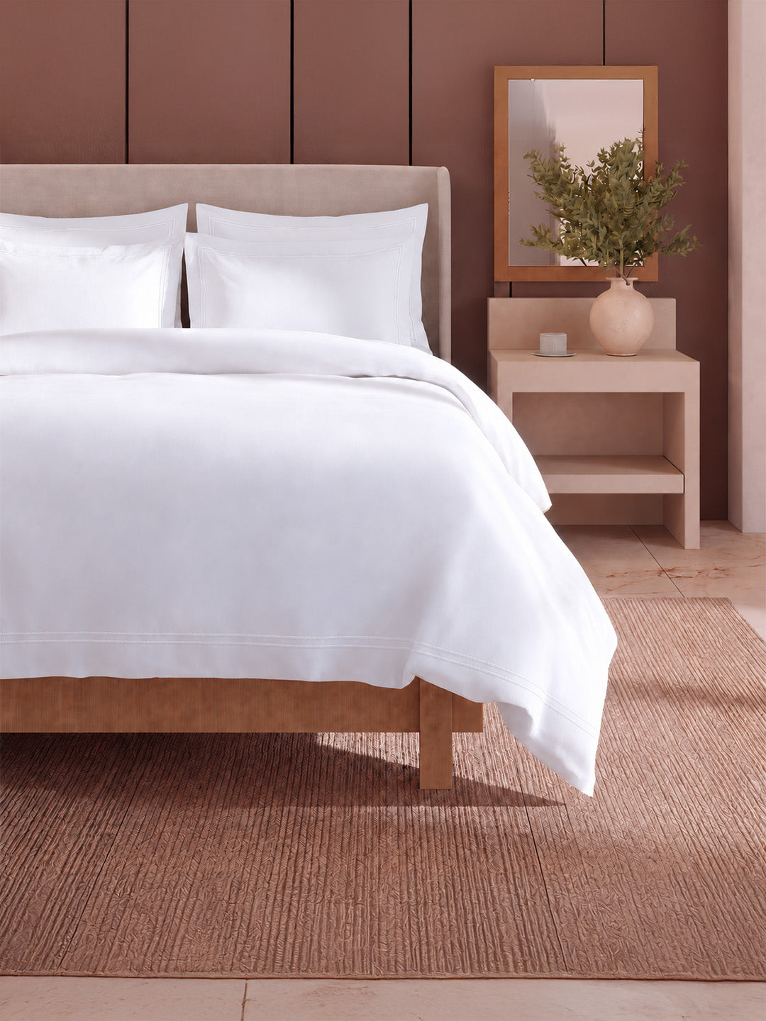 100% Cotton 300 TC, King Size Dyed Bedsheet with 1 Duvet Cover and 4 Pillow Covers, Emblem Collection - Bright White