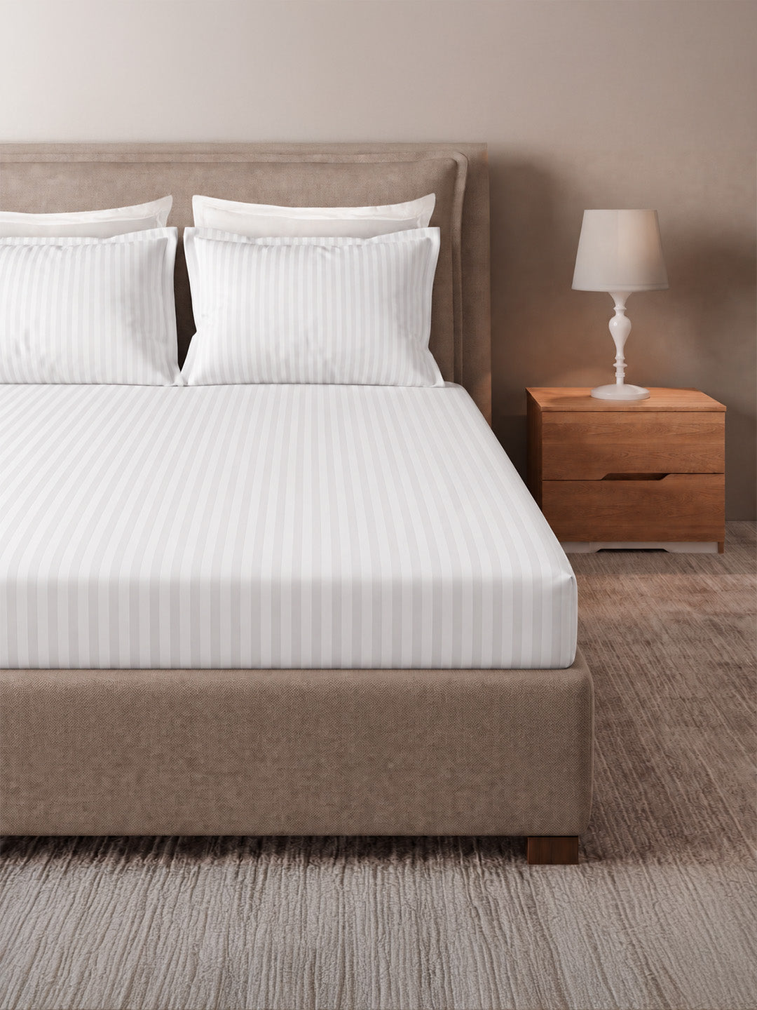 Emblem 100% Cotton 300 TC King Bedsheet with 2 Pillow Covers | White Stripes Bedsheet Set