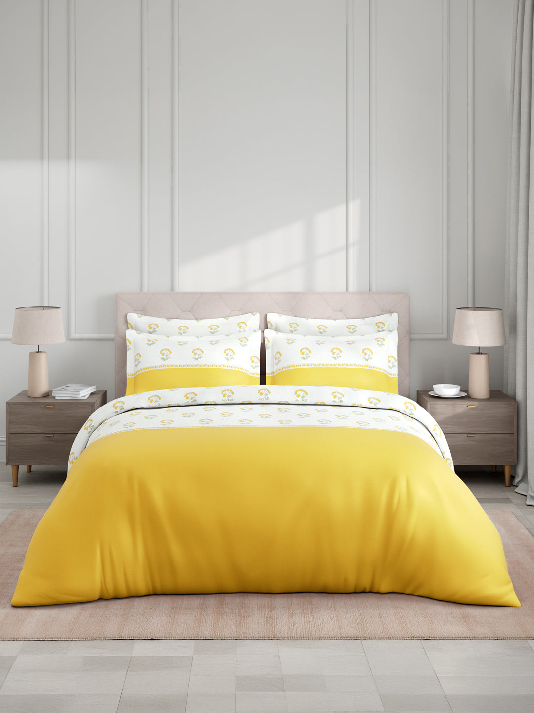 Royal Essence 100% Cotton 400 TC Yellow & White Floral King Bedsheet with 4 Pillow Covers & 2 Cushion Covers