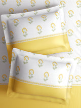 Royal Essence 100% Cotton 400 TC Yellow & White Floral King Bedsheet with 4 Pillow Covers & 2 Cushion Covers