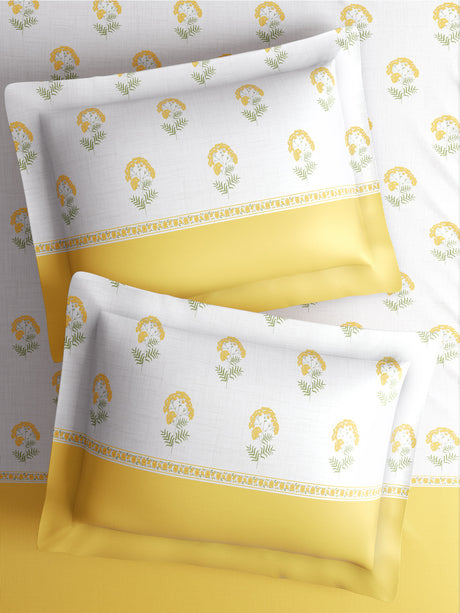 Royal Essence 100% Cotton 400 TC Yellow & White Floral King Bedsheet with 4 Pillow Covers & 2 Cushion Covers