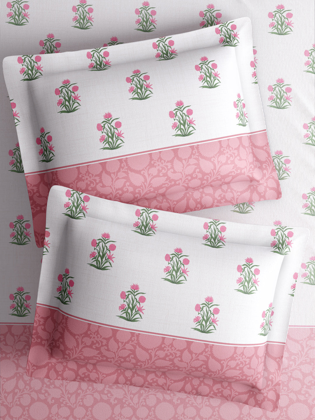 Royal Essence 100% Cotton 400 TC Pink & White Floral King Bedsheet with 4 Pillow Covers & 2 Cushion Covers