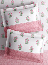 Royal Essence 100% Cotton 400 TC Pink & White Floral King Bedsheet with 4 Pillow Covers & 2 Cushion Covers