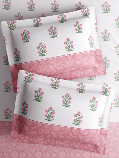 Royal Essence 100% Cotton 400 TC Pink & White Floral King Bedsheet with 4 Pillow Covers & 2 Cushion Covers