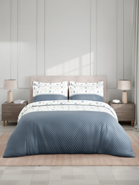 Royal Essence 100% Cotton 400 TC Blue & White Floral King Bedsheet with 4 Pillow Covers & 2 Cushion Covers
