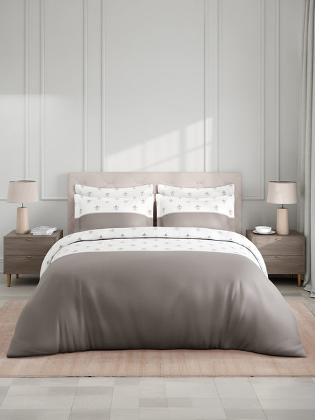 Royal Essence 100% Cotton 400 TC Grey & White Floral King Bedsheet with 4 Pillow Covers & 2 Cushion Covers