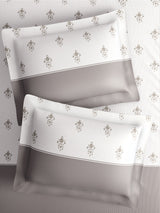 Royal Essence 100% Cotton 400 TC Grey & White Floral King Bedsheet with 4 Pillow Covers & 2 Cushion Covers