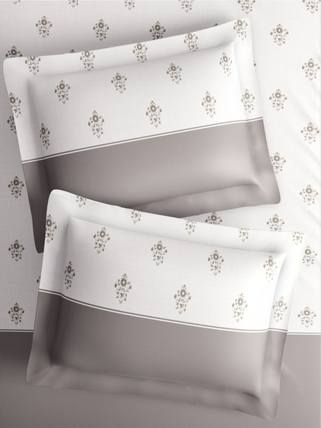 Royal Essence 100% Cotton 400 TC Grey & White Floral King Bedsheet with 4 Pillow Covers & 2 Cushion Covers