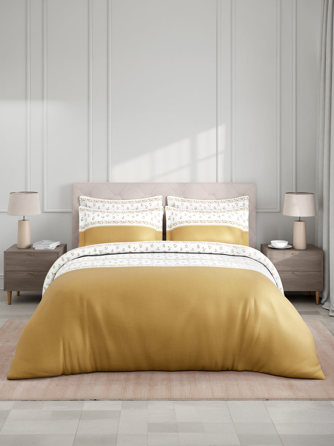 Royal Essence 100% Cotton 400 TC Dark Yellow & White Floral King Bedsheet with 4 Pillow Covers & 2 Cushion Covers