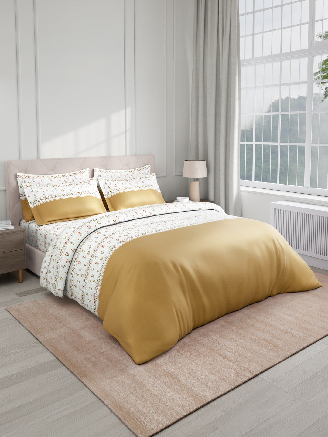 Royal Essence 100% Cotton 400 TC Dark Yellow & White Floral King Bedsheet with 4 Pillow Covers & 2 Cushion Covers
