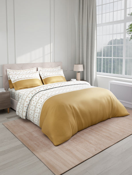 Royal Essence 100% Cotton 400 TC Dark Yellow & White Floral King Bedsheet with 4 Pillow Covers & 2 Cushion Covers