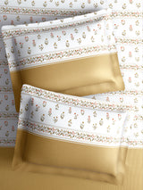 Royal Essence 100% Cotton 400 TC Dark Yellow & White Floral King Bedsheet with 4 Pillow Covers & 2 Cushion Covers