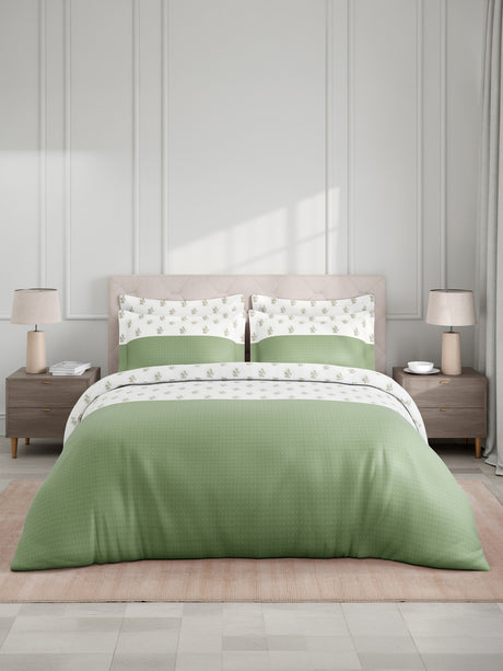 Royal Essence 100% Cotton 400 TC Green & White Floral King Bedsheet with 4 Pillow Covers & 2 Cushion Covers