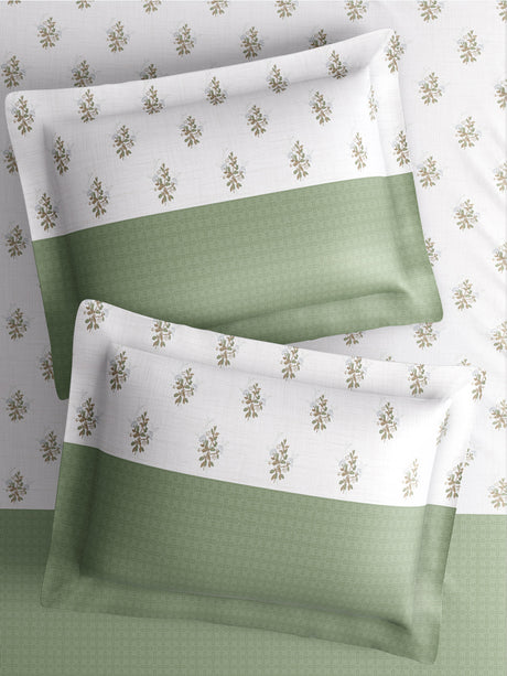Royal Essence 100% Cotton 400 TC Green & White Floral King Bedsheet with 4 Pillow Covers & 2 Cushion Covers