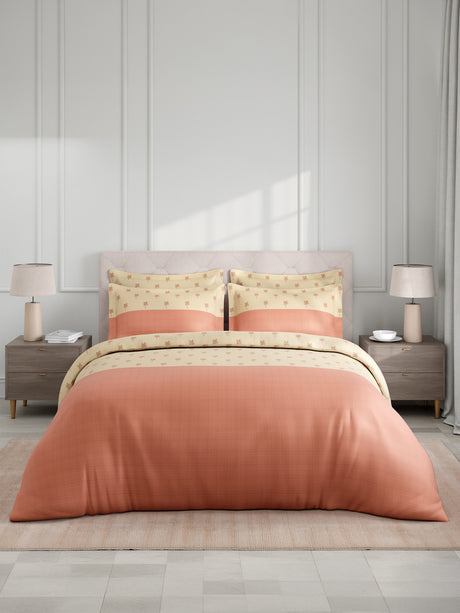 Royal Essence 100% Cotton 400 TC Peach Floral King Bedsheet with 4 Pillow Covers & 2 Cushion Covers