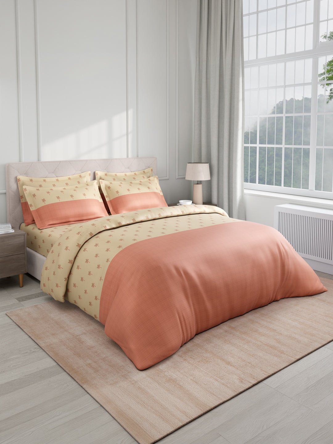 Royal Essence 100% Cotton 400 TC Peach Floral King Bedsheet with 4 Pillow Covers & 2 Cushion Covers