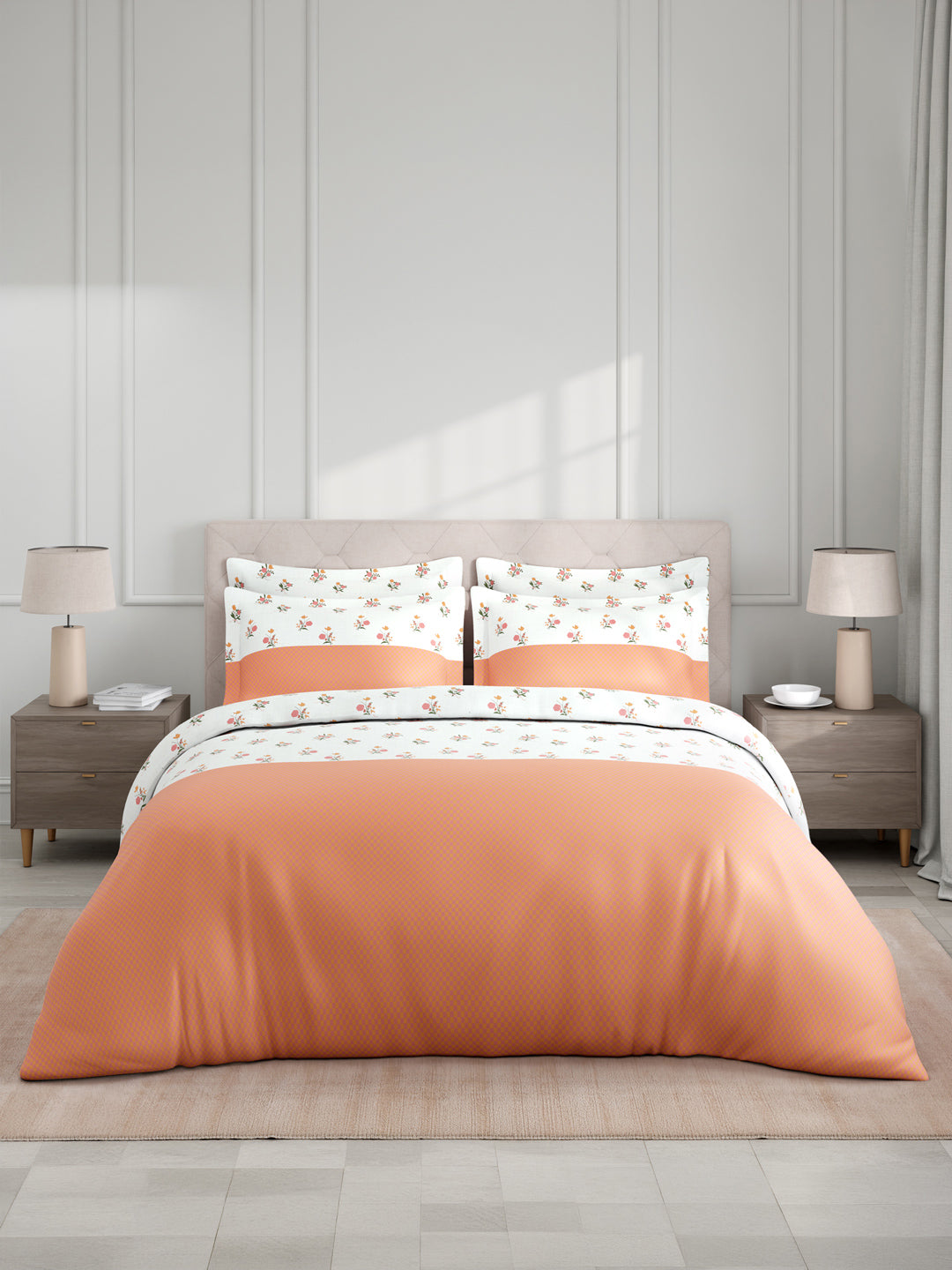 Royal Essence 100% Cotton 400 TC Pink & Orange Floral King Bedsheet with 4 Pillow Covers & 2 Cushion Covers
