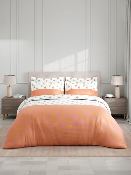 Royal Essence 100% Cotton 400 TC Pink & Orange Floral King Bedsheet with 4 Pillow Covers & 2 Cushion Covers