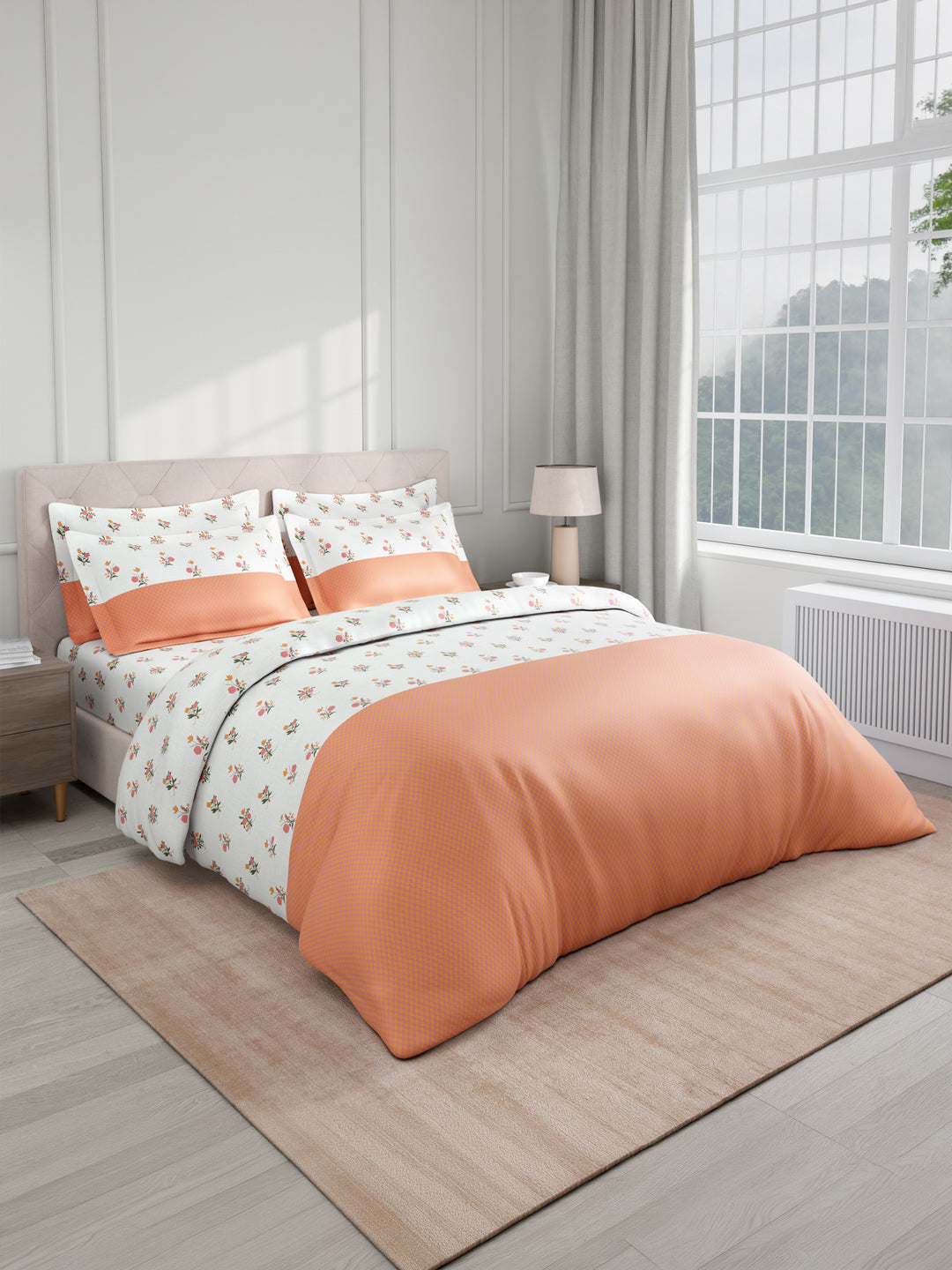 Royal Essence 100% Cotton 400 TC Pink & Orange Floral King Bedsheet with 4 Pillow Covers & 2 Cushion Covers