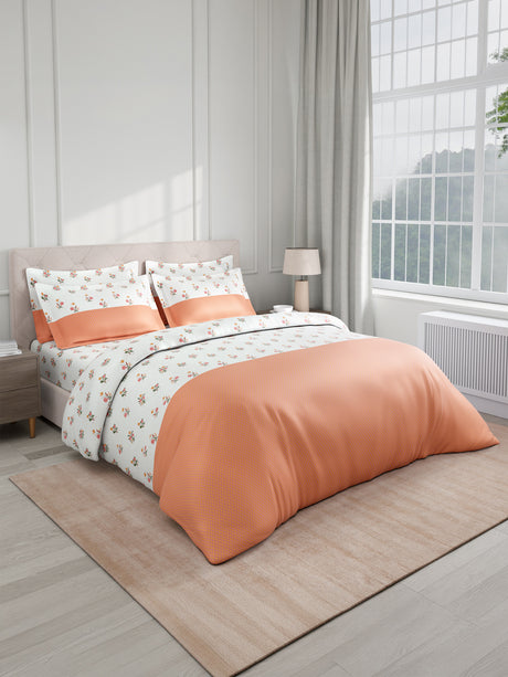 Royal Essence 100% Cotton 400 TC Pink & Orange Floral King Bedsheet with 4 Pillow Covers & 2 Cushion Covers