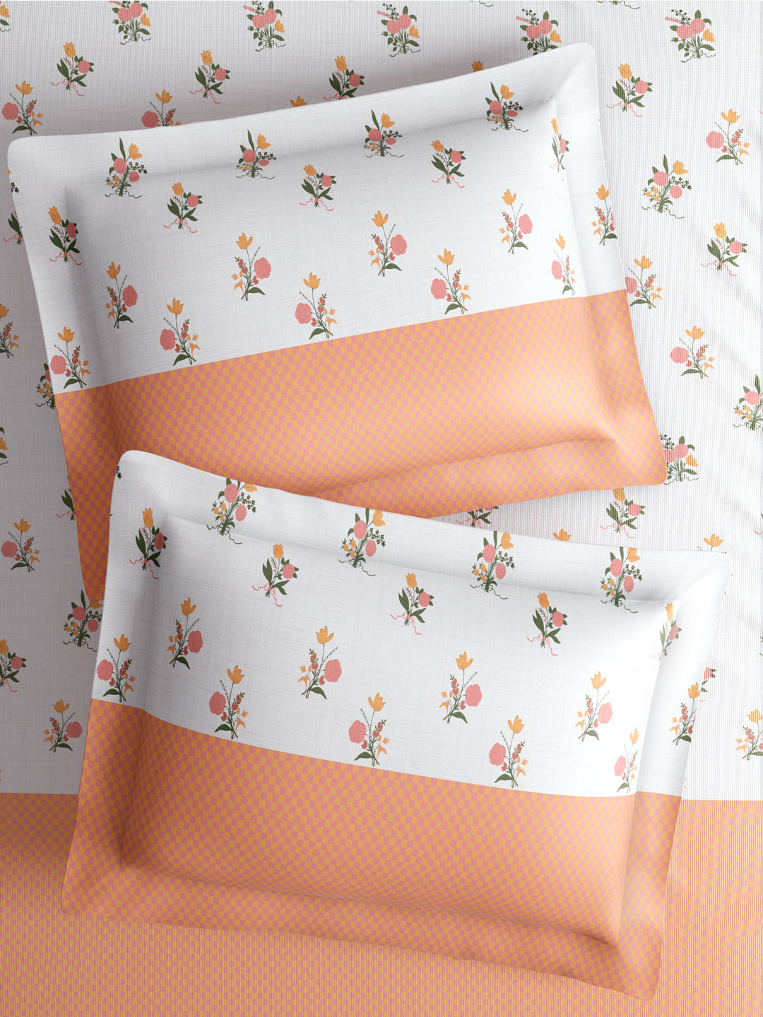 Royal Essence 100% Cotton 400 TC Pink & Orange Floral King Bedsheet with 4 Pillow Covers & 2 Cushion Covers