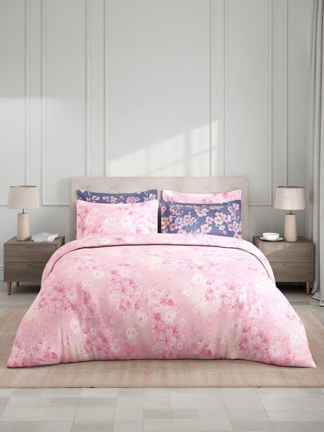 Royal Essence 100% Cotton 400 TC Pink & Purple Digital Floral Print King Bedsheet with 4 Pillow Covers
