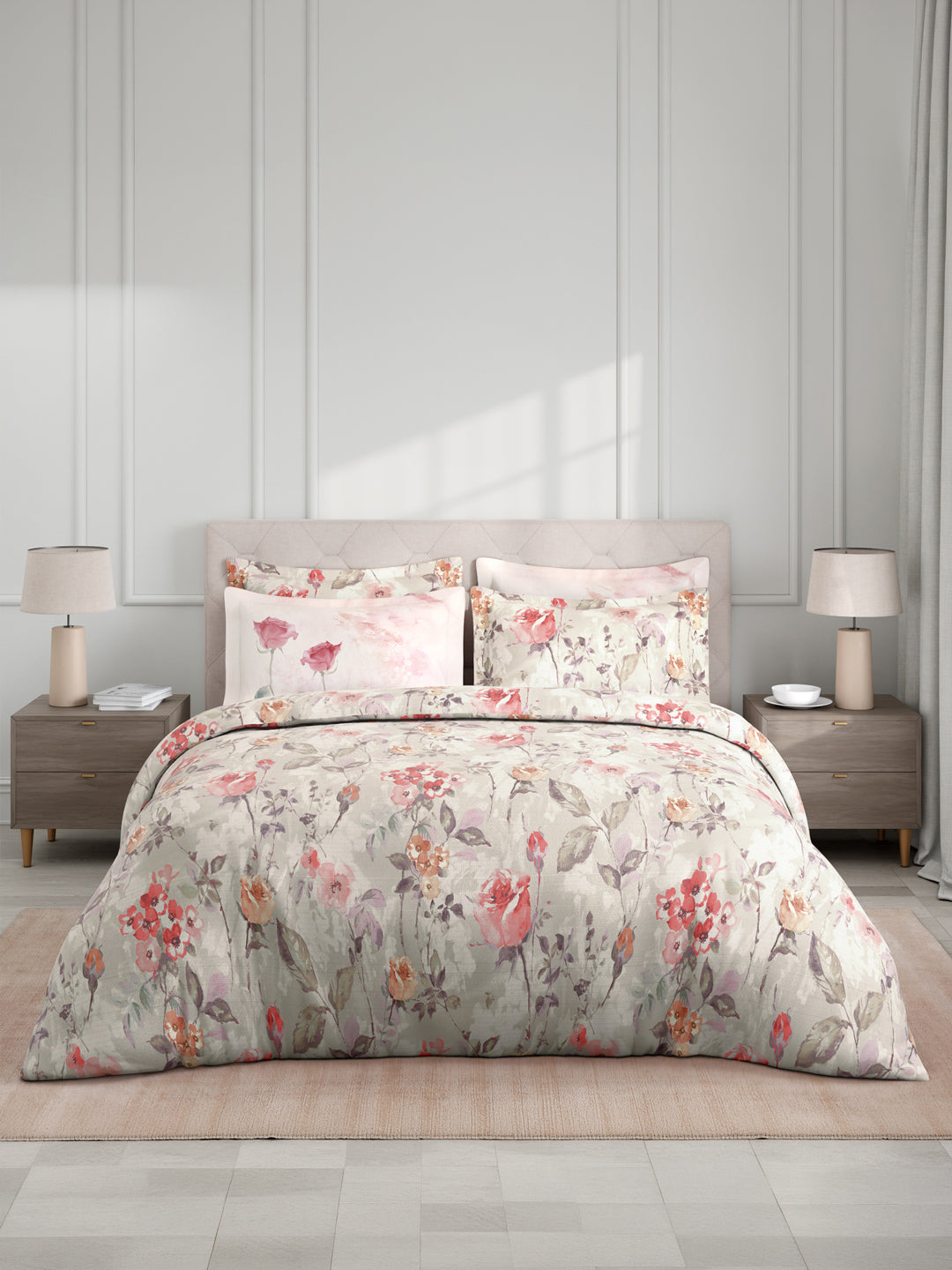 Royal Essence 100% Cotton 400 TC Grey Digital Floral Print King Bedsheet with 4 Pillow Covers