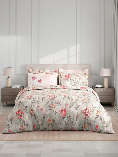 Royal Essence 100% Cotton 400 TC Grey Digital Floral Print King Bedsheet with 4 Pillow Covers