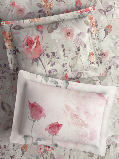 Royal Essence 100% Cotton 400 TC Grey Digital Floral Print King Bedsheet with 4 Pillow Covers