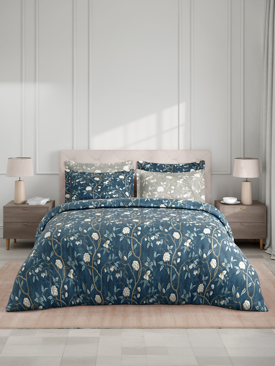 Royal Essence 100% Cotton 400 TC Blue & Grey Digital Floral Print King Bedsheet with 4 Pillow Covers