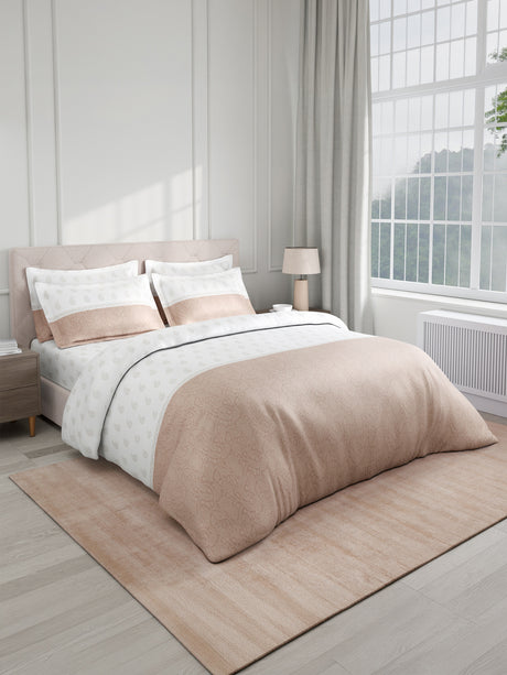 Royal Essence 100% Cotton 400 TC Beige & White Ethnic Print King Bedsheet with 4 Pillow Covers & 2 Cushion Covers