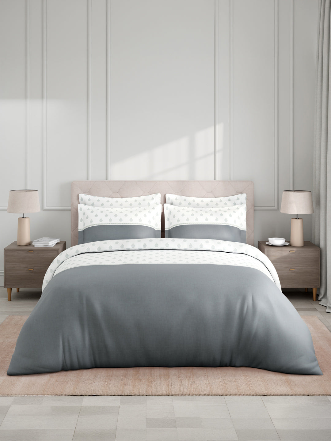 Royal Essence 100% Cotton 400 TC Grey & White Ethnic Print King Bedsheet with 4 Pillow Covers & 2 Cushion Covers