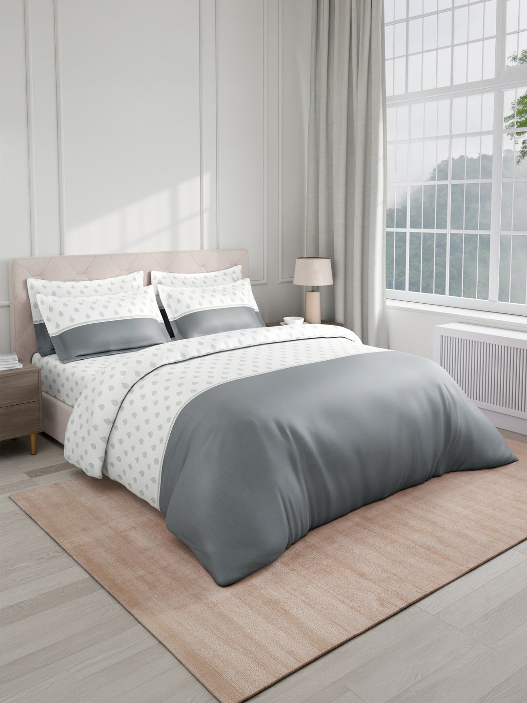 Royal Essence 100% Cotton 400 TC Grey & White Ethnic Print King Bedsheet with 4 Pillow Covers & 2 Cushion Covers