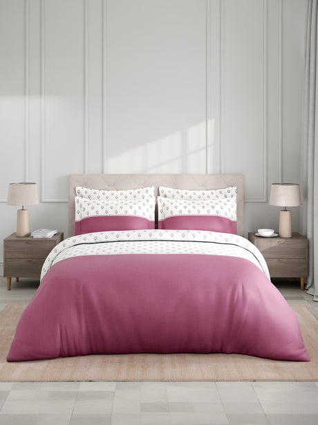 Royal Essence 100% Cotton 400 TC Pink & White Ethnic Print King Bedsheet with 4 Pillow Covers & 2 Cushion Covers