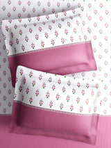 Royal Essence 100% Cotton 400 TC Pink & White Ethnic Print King Bedsheet with 4 Pillow Covers & 2 Cushion Covers