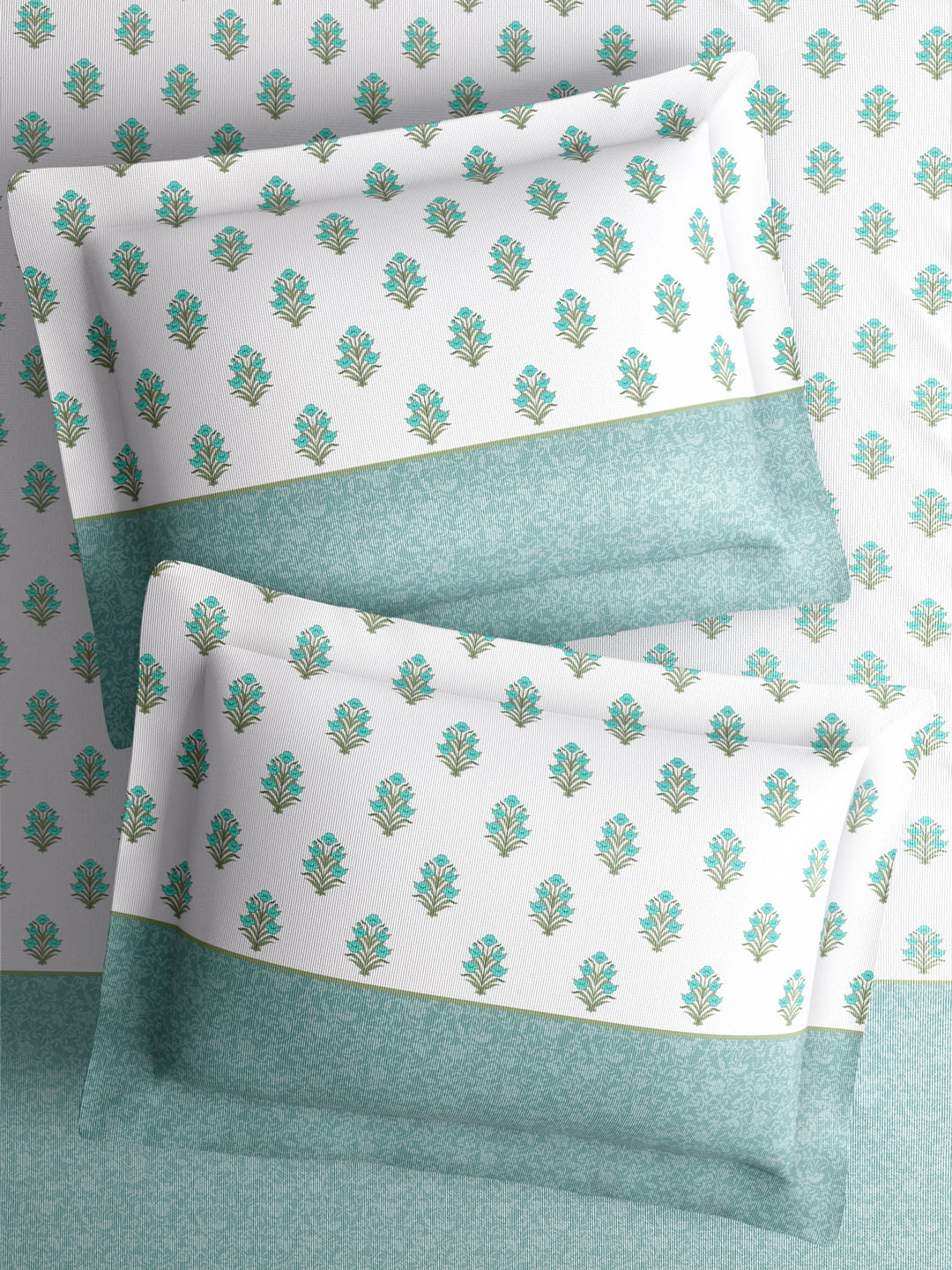 Royal Essence 100% Cotton 400 TC Blue & White Ethnic Print King Bedsheet with 4 Pillow Covers & 2 Cushion Covers