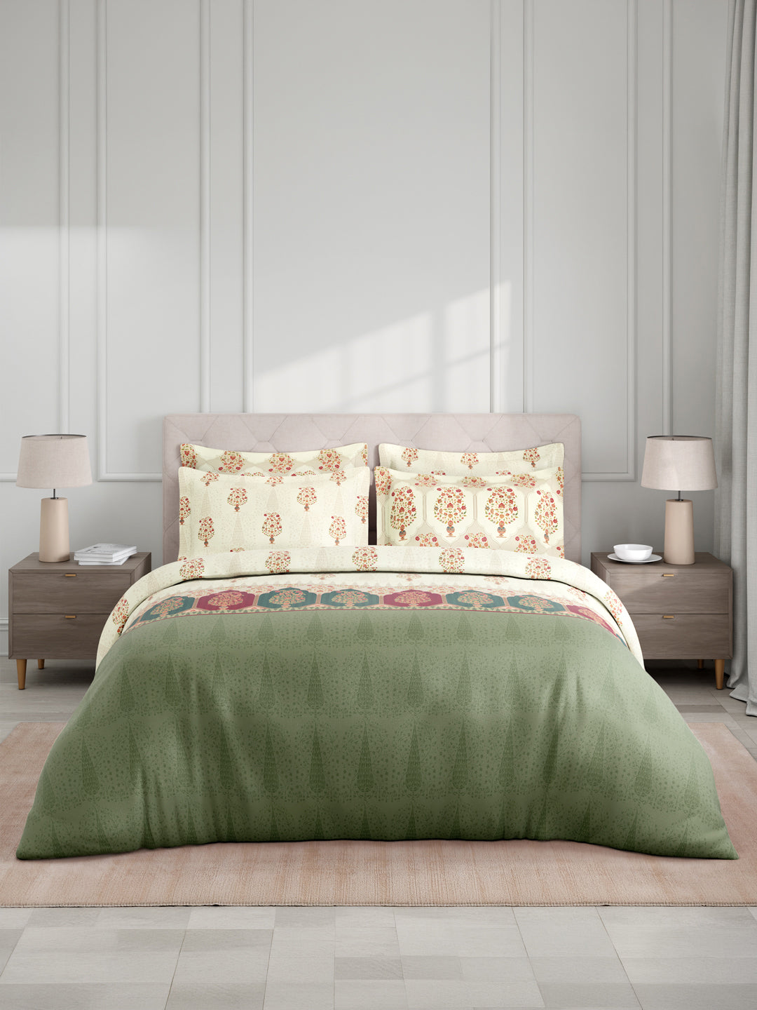 Royal Essence 100% Cotton 400 TC White Digital Ethnic Print King Bedsheet with 4 Pillow Covers